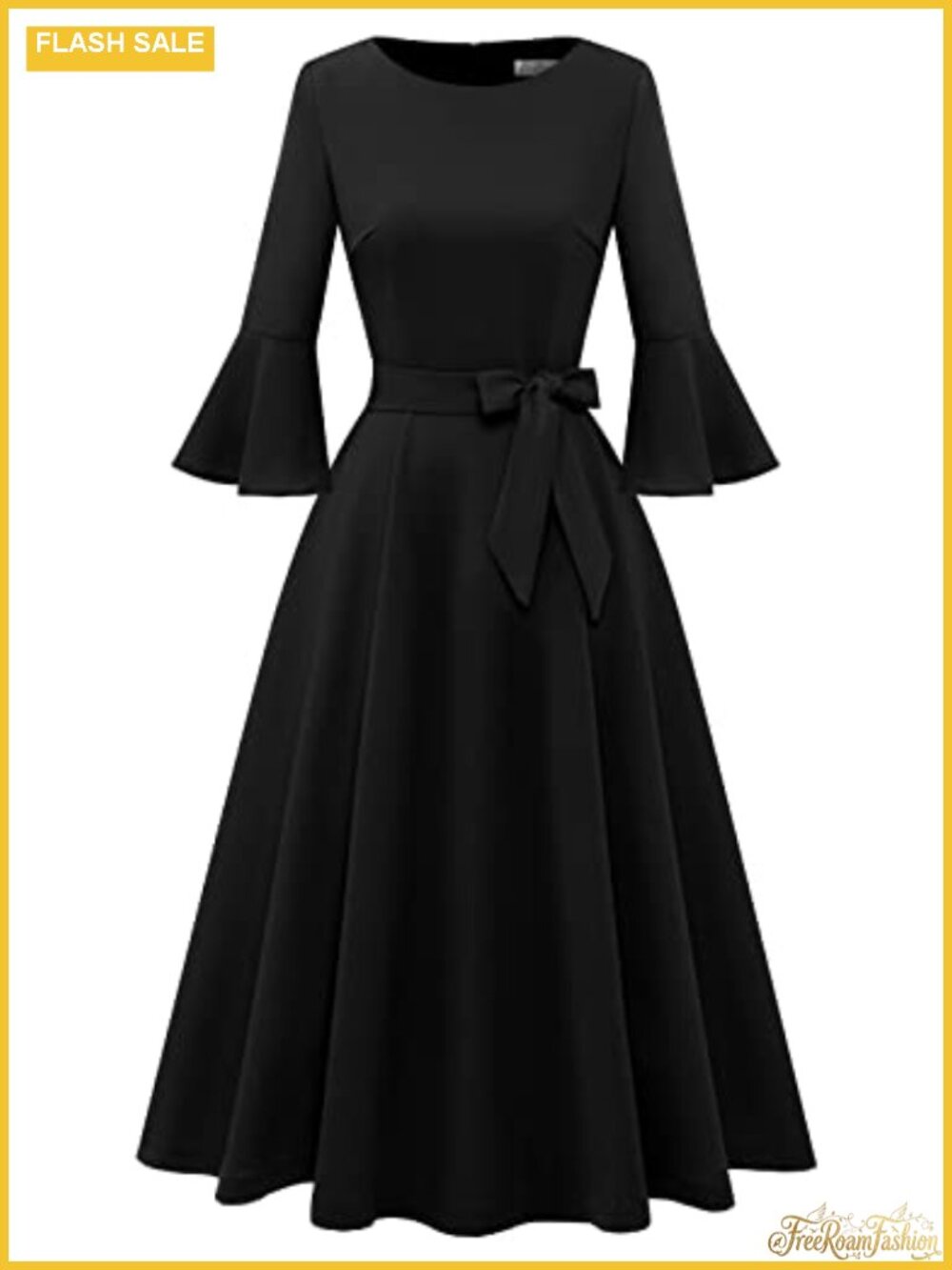 Modest Bell Sleeve Vintage A-Line Midi Dress with Belt